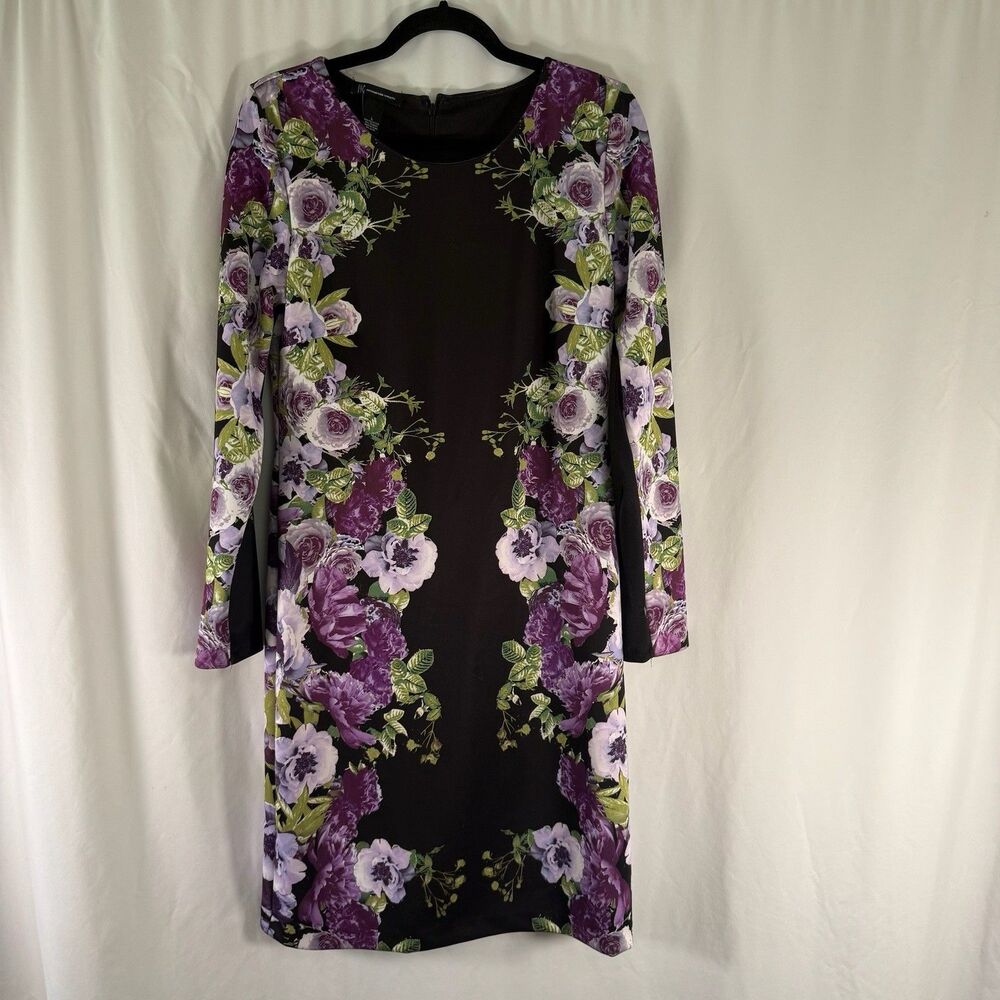 New INC International Concepts Dress Women's Large Black Purple Floral Long Slv